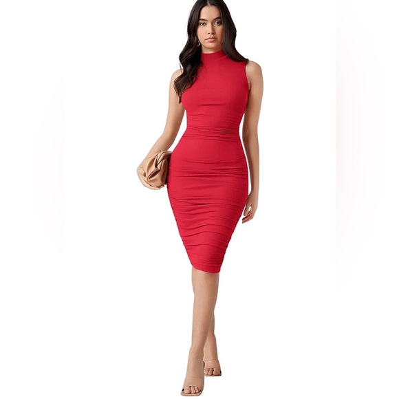 Women's Solid Mock Neck Sleeveless Ruched Bodycon Dress in red - Picture 1 of 9